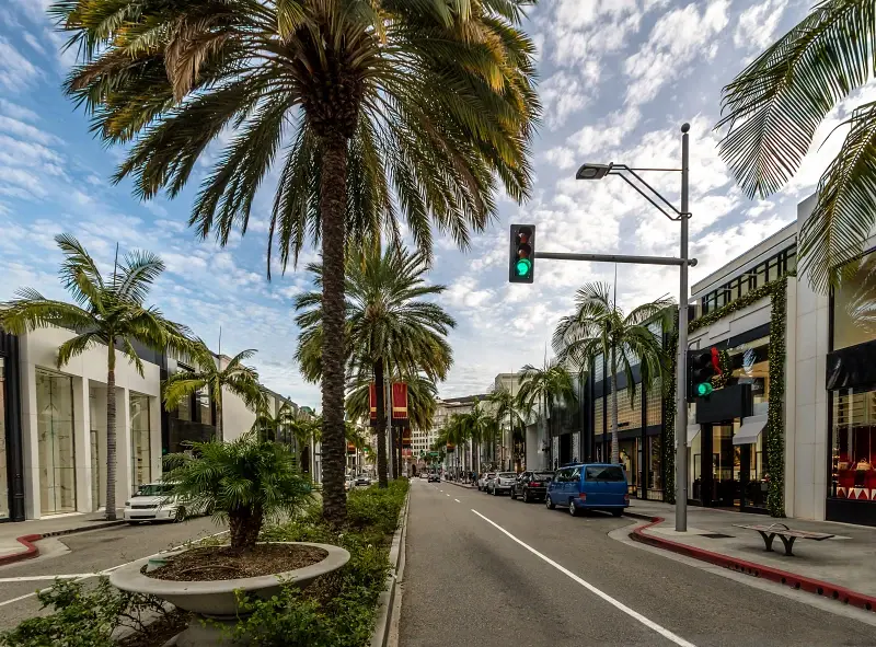 Rodeo Drive Street With Stores And Palm Trees